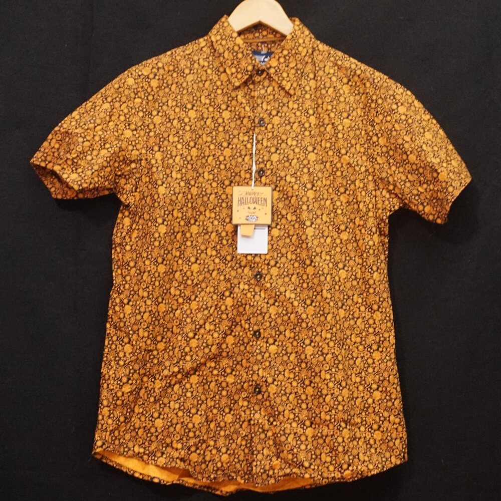 Monument Black with Orange Sugar Skull Print Halloween Button Up Shirt Men’s Med